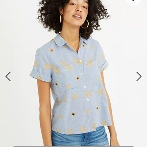 Madewell blue striped cotton blouse with yellow embroidered stars
